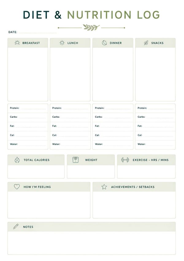 Daily diet and nutrition log with meal planner, macro tracker, calorie counter, exercise record, weight tracker, and wellness notes.