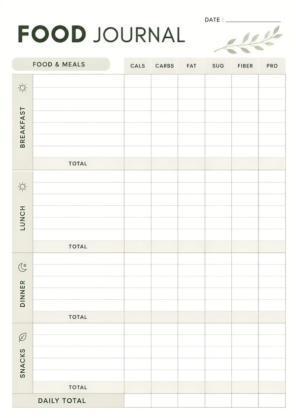 Printable daily food journal featuring meal tracking for breakfast, lunch, dinner, snacks, nutrition facts, and daily nutrition totals.