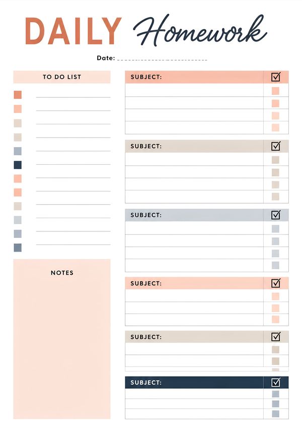 Daily homework planner printable featuring subject sections, to-do list, notes area, and completion checkboxes for organizing school assignments.