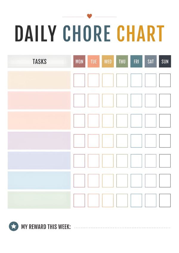 Printable daily household chore chart featuring weekly task tracking, daily checkboxes, and a reward section for building consistent cleaning habits.