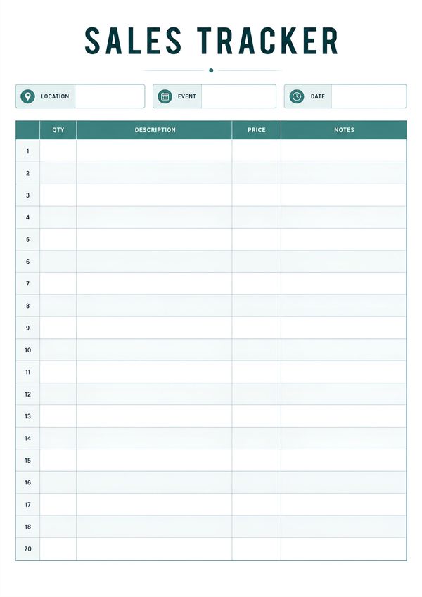 Minimal printable event sales tracker with quantity, description, price, and notes sections.