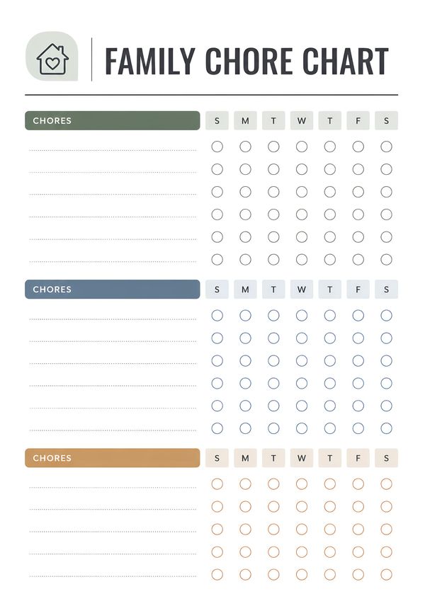 Printable family household chore chart with multiple chore sections, weekly checkboxes, and an easy-to-use layout for tracking family responsibilities.