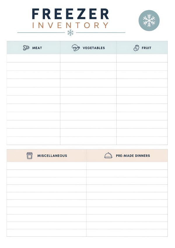 Printable freezer inventory tracker with organized sections for meat, vegetables, fruit, miscellaneous items, and pre-made dinners.