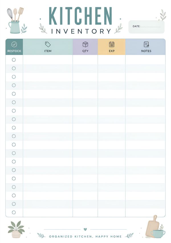 Kitchen inventory tracker printable with restock checklist, pantry item list, quantity, expiration date, and notes sections.