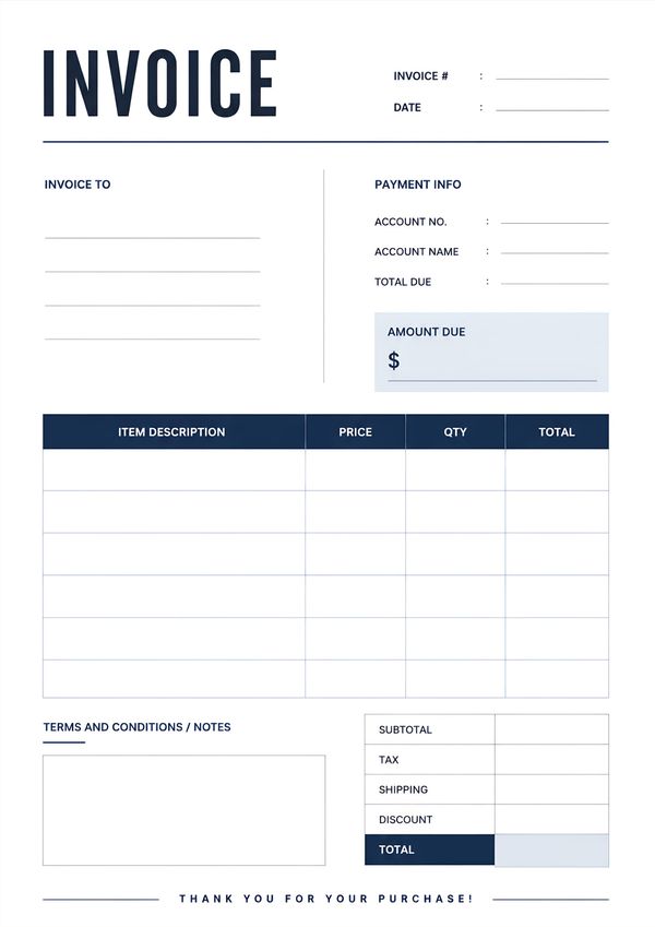 Clean printable modern business invoice template with payment information, itemized billing table, and total calculation section.