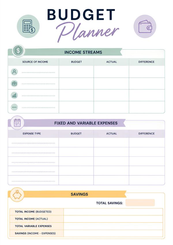 Monthly budget planner worksheet with sections for income, expenses, savings, budget tracking, actual spending, and financial summary.
