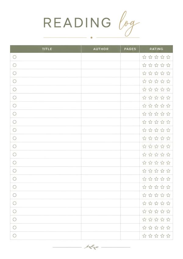 Reading log tracker worksheet with columns for book title, author, pages, reading status, and five-star rating.
