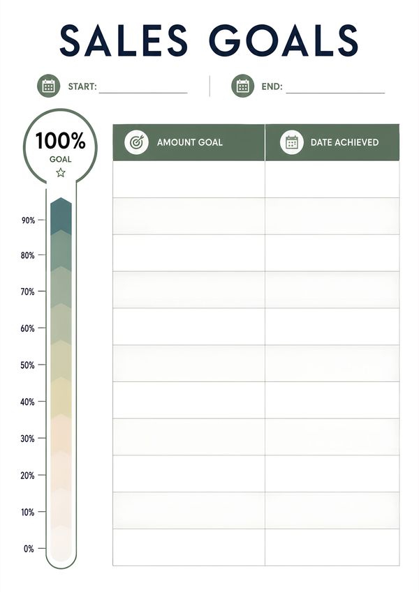 Minimal printable sales goals tracker featuring progress thermometer, target amount tracker, achievement dates, and sales goal planning.