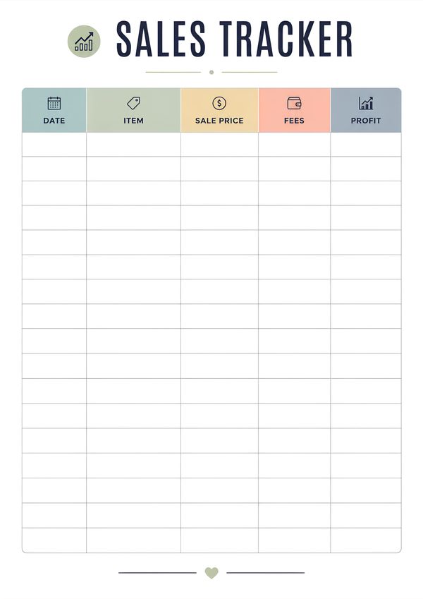 Minimal printable sales performance tracker with columns for date, item, sale price, fees, and profit.