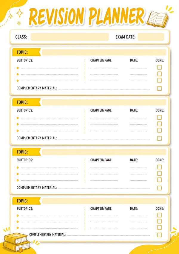 Printable study revision planner with topic sections, revision checklist, exam date, and study material tracker.