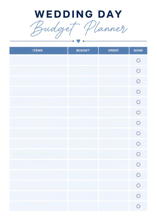 Minimal printable wedding day budget planner with budget, spending tracker, expense checklist, and wedding planning worksheet.