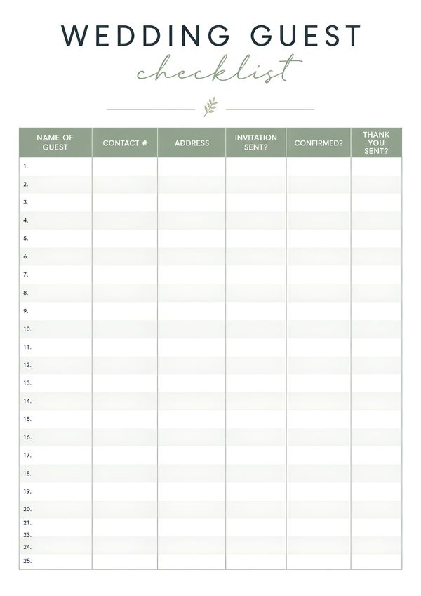 Minimal printable wedding guest checklist with guest information, invitation tracking, RSVP confirmation, and thank-you checklist.