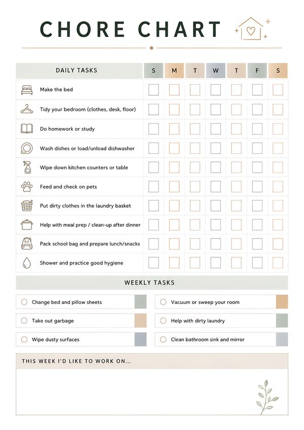 Printable weekly family chore chart featuring daily task tracking, weekly cleaning checklist, and space for weekly goals and habit building.