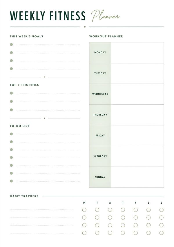 Minimal weekly fitness planner with workout planner, goals, to-do list, and habit tracker.