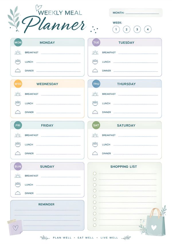Printable Weekly Meal Planner with Shopping List