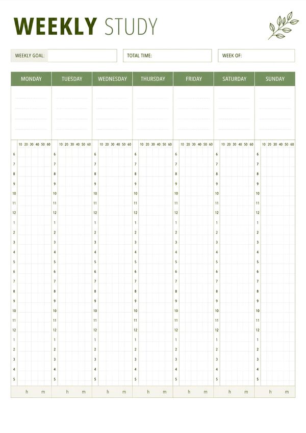 Weekly study planner printable featuring daily timetable, weekly goals, total study time, and hourly study schedule from Monday through Sunday.