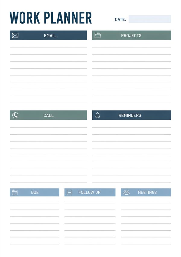 Professional work project planning sheet featuring sections for emails, projects, calls, reminders, due dates, follow-ups, and meetings.