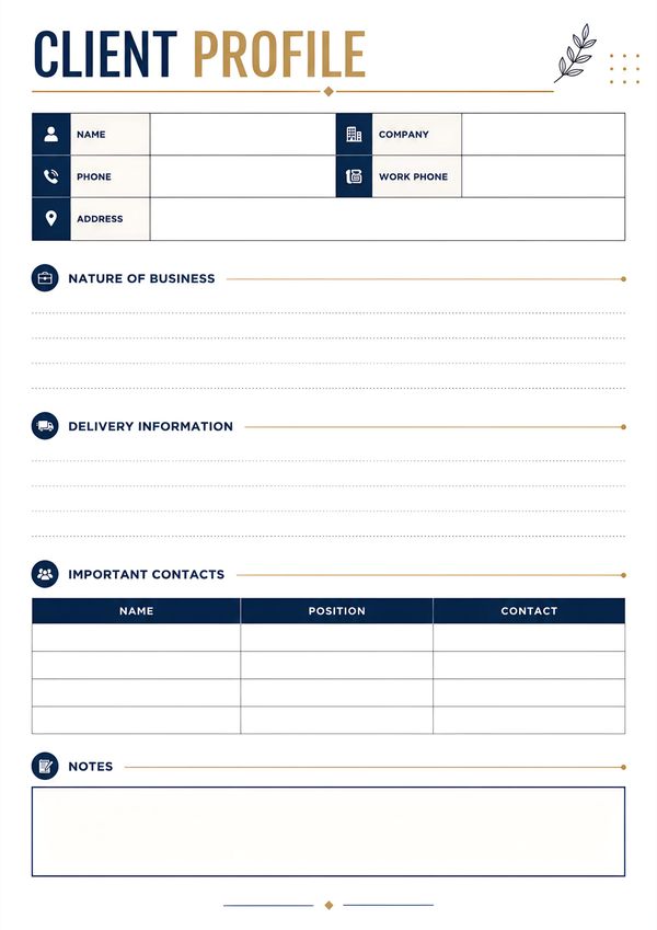 Printable client business profile worksheet featuring company information, delivery details, important contacts, business description, and notes section.