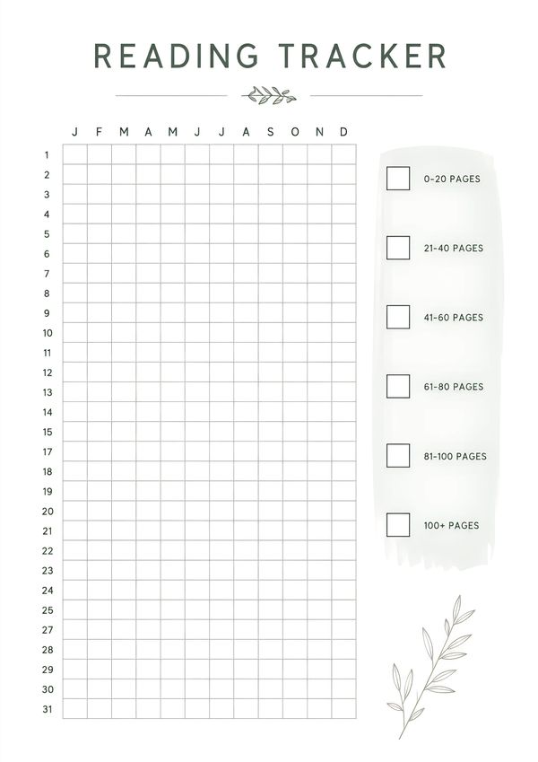 Printable reading progress tracker with yearly calendar grid and reading page milestone checklist.
