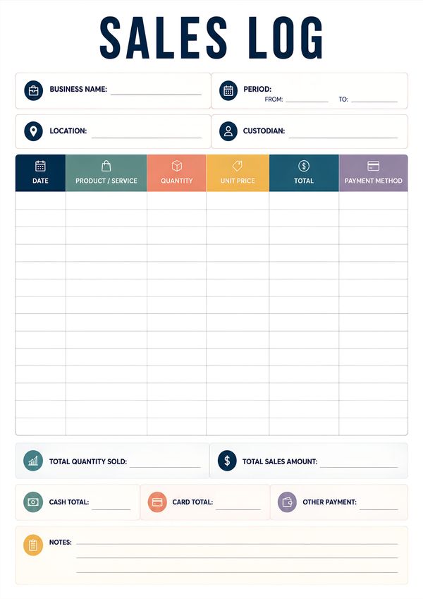 Printable sales activity record sheet with transaction log, payment summary, and business sales tracking layout.