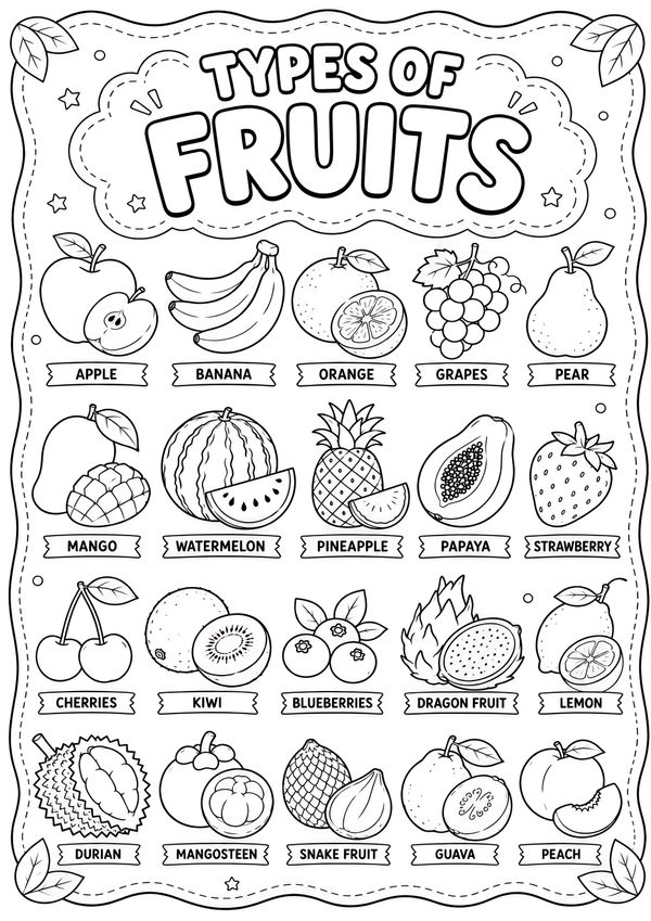 Educational fruits coloring worksheet with 20 labeled fruit illustrations for kids to color and learn.
