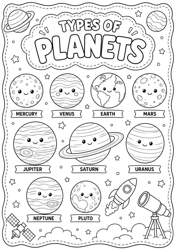 Cute printable Types of Planets coloring page with labeled planets for kids to color and learn.