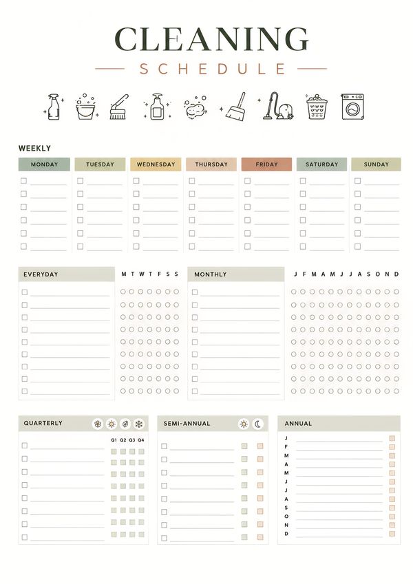 Printable house cleaning schedule planner with daily, weekly, monthly, quarterly, semi-annual, and annual cleaning checklists for organized home maintenance.