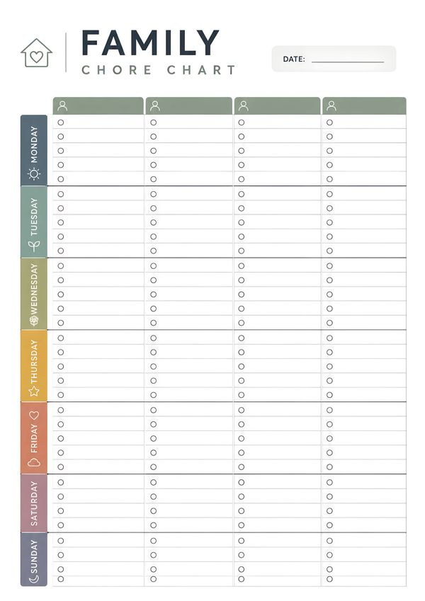 Printable weekly family chore assignment tracker featuring daily sections from Monday to Sunday with individual columns for multiple family members.