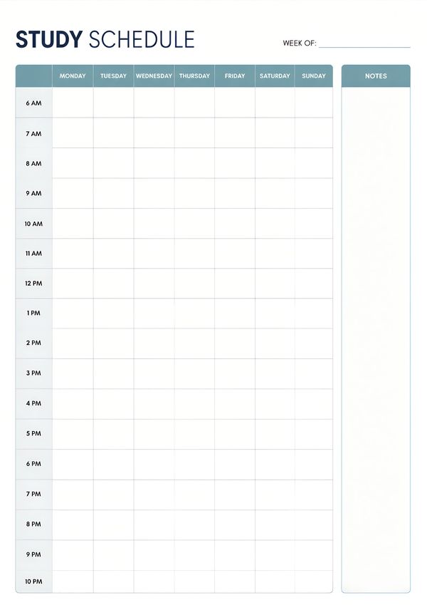 Printable weekly study schedule planning template with hourly planner and notes section.