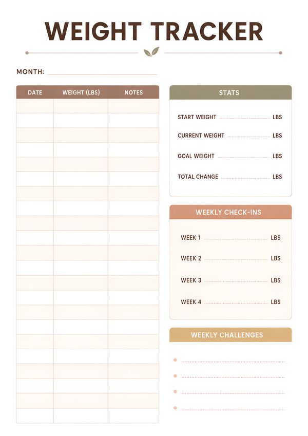 Printable weight tracker log with monthly records, progress stats, weekly check-ins, and fitness challenge section.