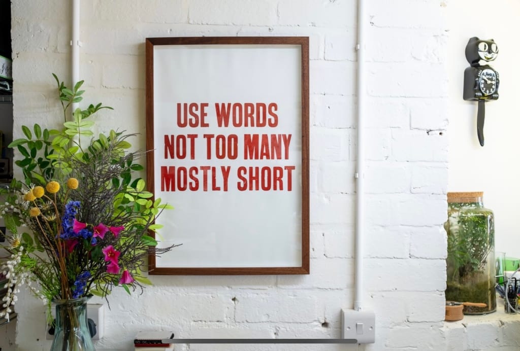 A wooden picture frame on a white brick wall behind some nice looking flowers. In frame, in bold red typographic all caps over three lines it says, Use words. Not too many. Mostly short.