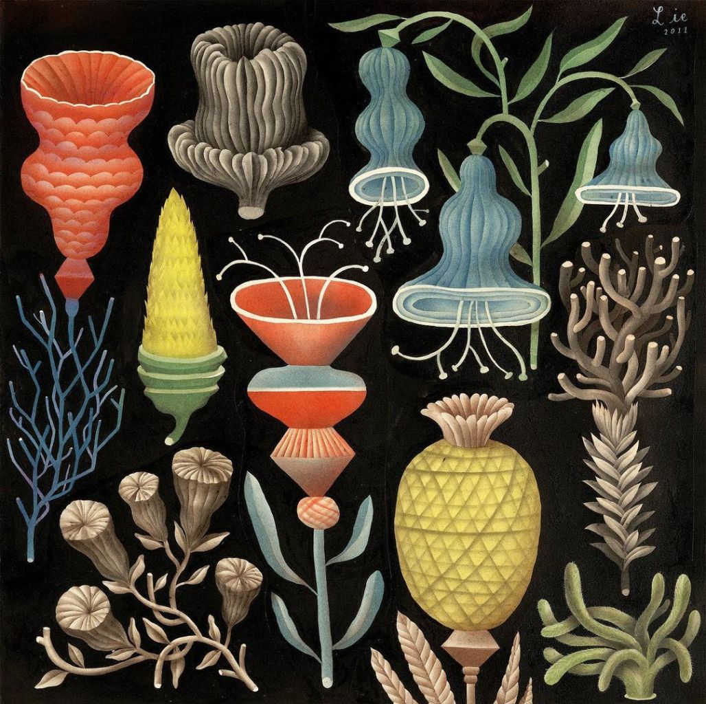 Painting by Bjorn Rune Lie of fantasy plants and flowers that almost look real and familiar, arranged in a group as if it's an illustrative plate from an old horticultural book. 