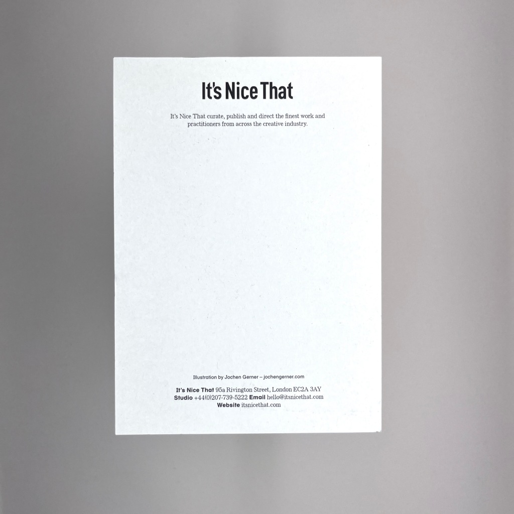 Rear of the postcard saying It's Nice That publish and direct the finest work and practitioners from across the creative industry. Illustration by Jochen Gerner jochengerner.com 