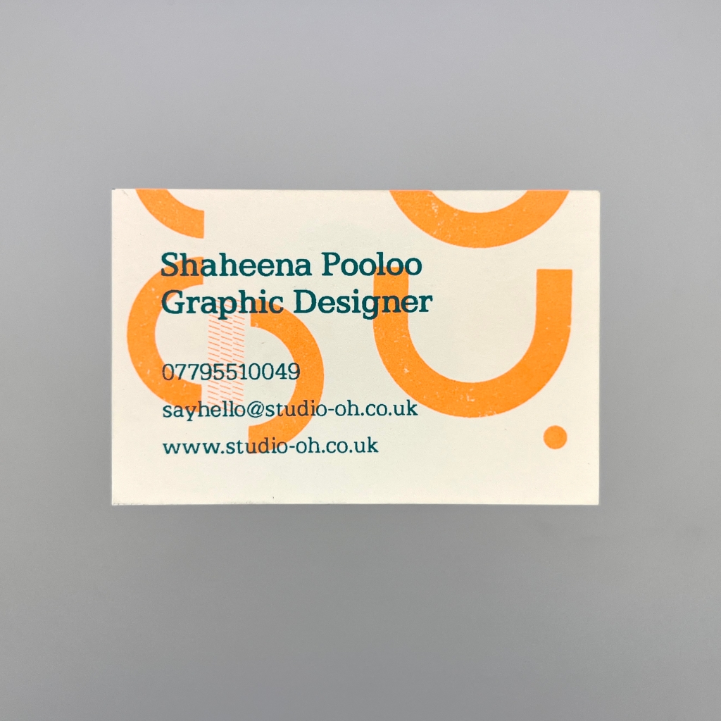 Front of a beige business card with bright orange abstract and graphic shapes printed on it, with details about Shaheena Pooloo, Graphic Designer