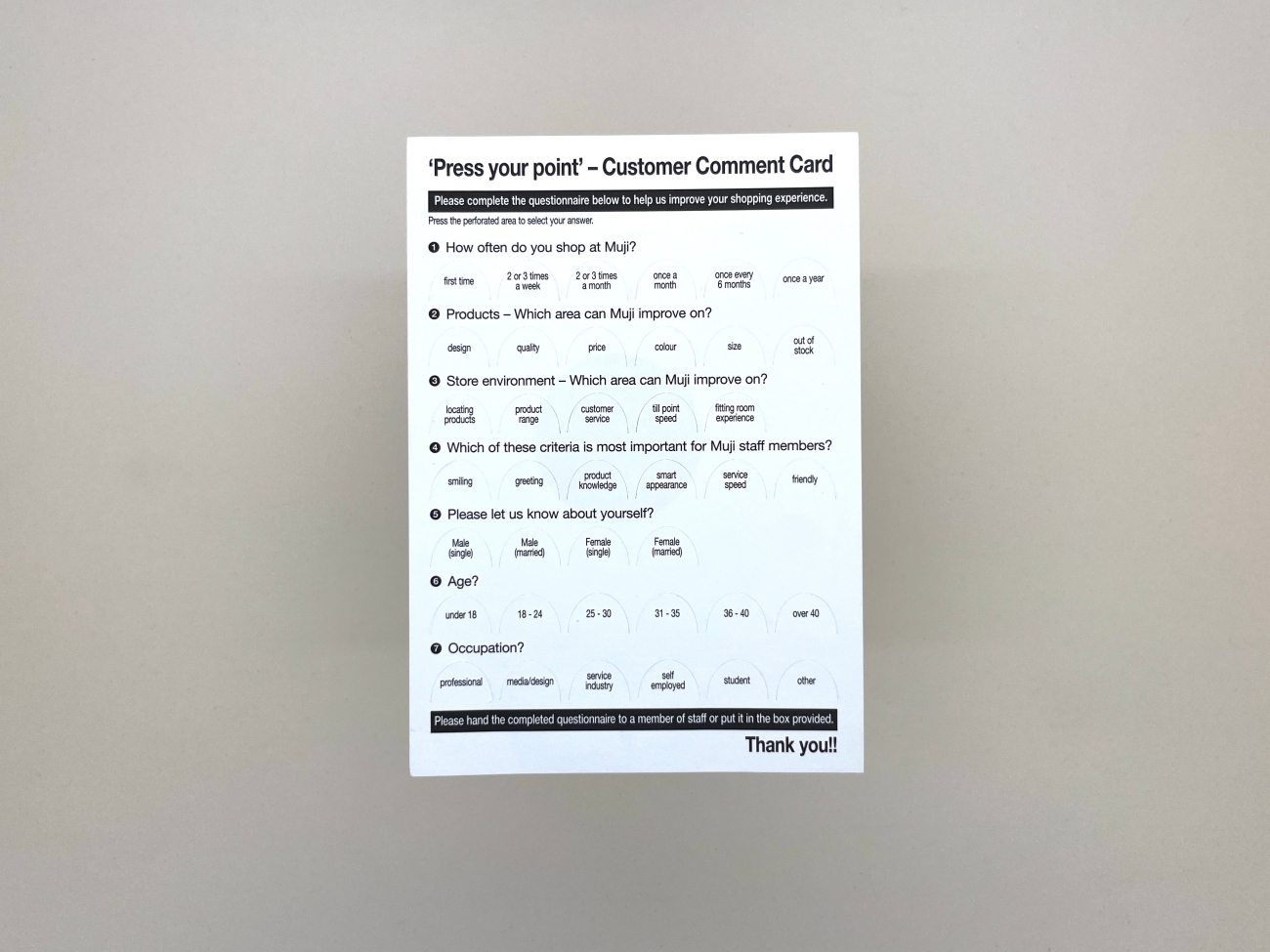 A postcard size piece of card titled 'Press your point' Customer Comment Card. It has a 7 questions, with 4 to 6 short answers, each printed inside semicircular perforated areas which the customer must press and tear to indicate their answer. 