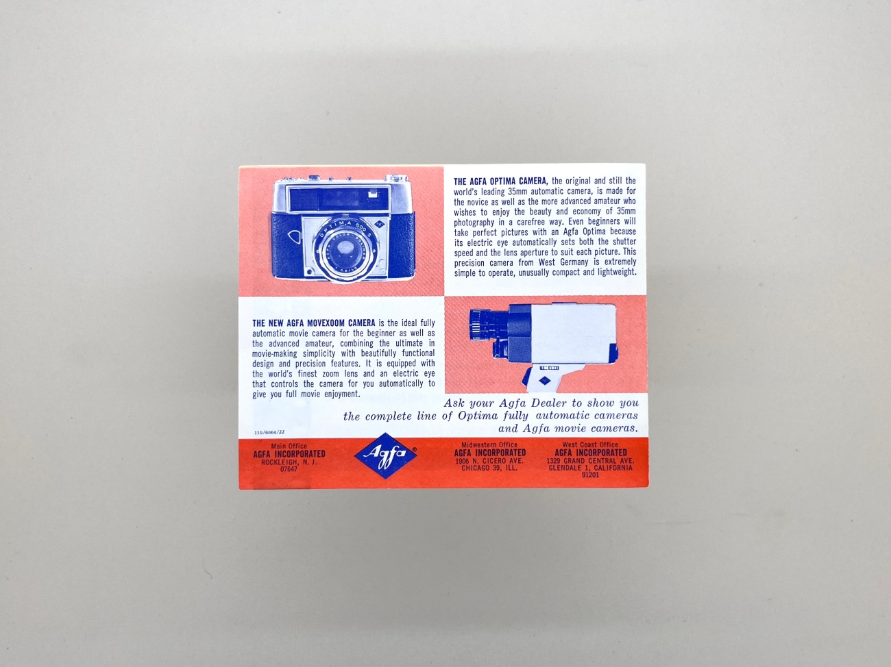 The rear of the Agfachrome film pamphlet showing halftone duotone images of a 35mm camera and an 8mm camera with a little more advertising spiel