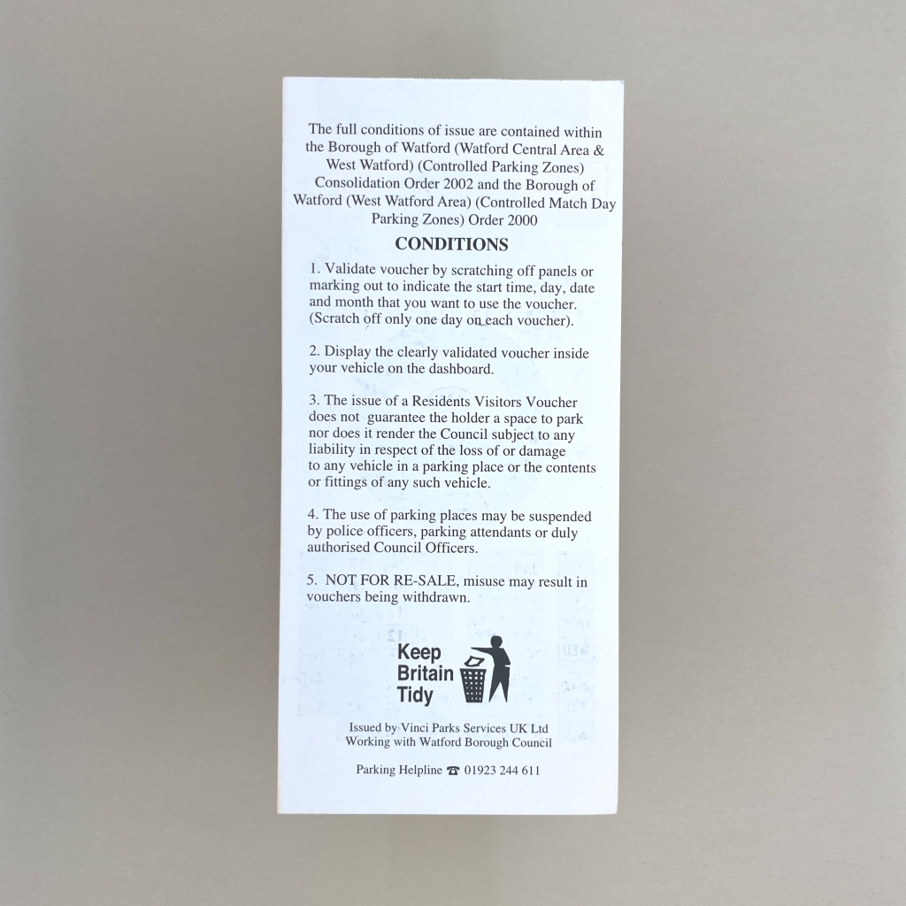 Rear of the parking voucher with terms and conditions of use. 