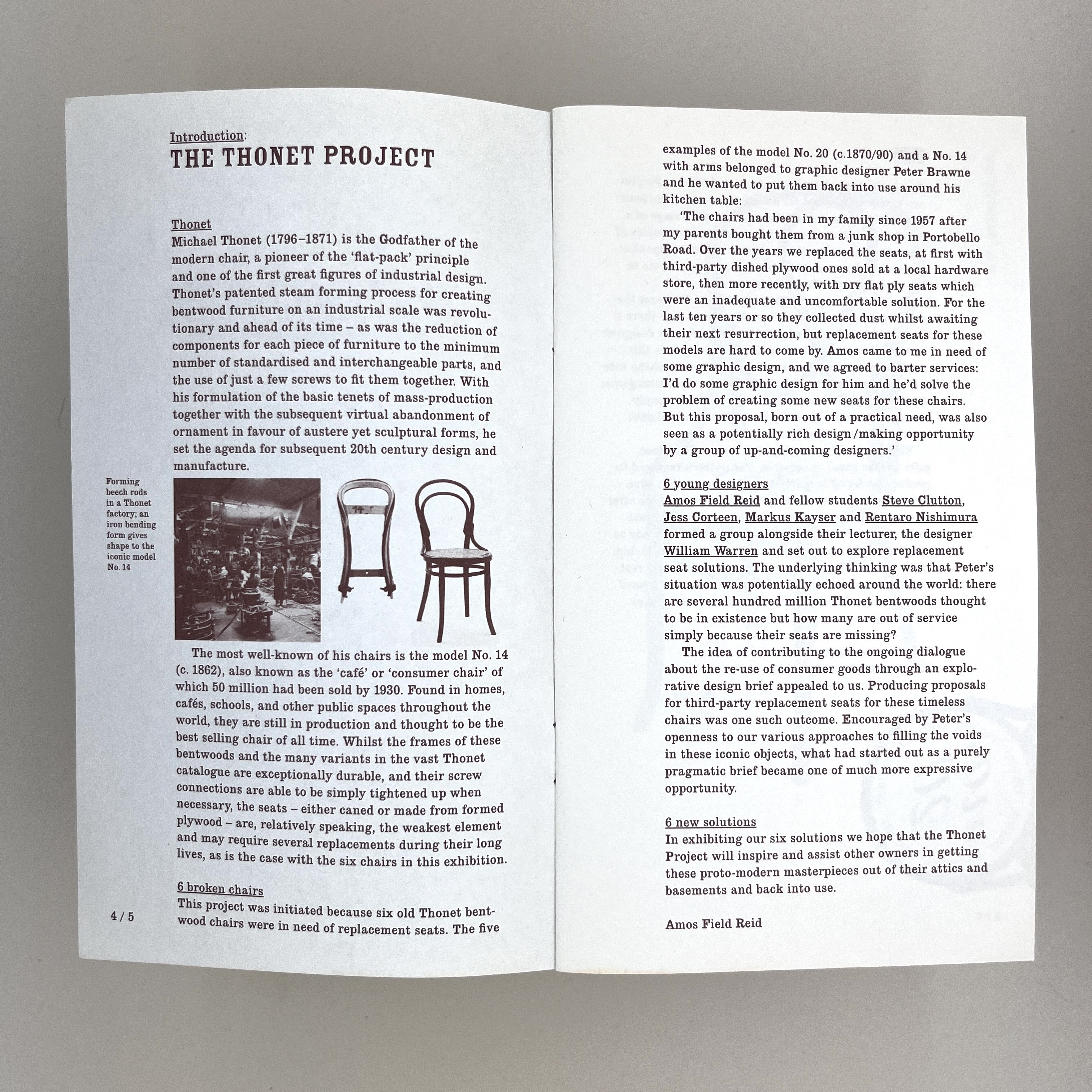 Inside pages of the pamphlet showing details and an photos of the chairs