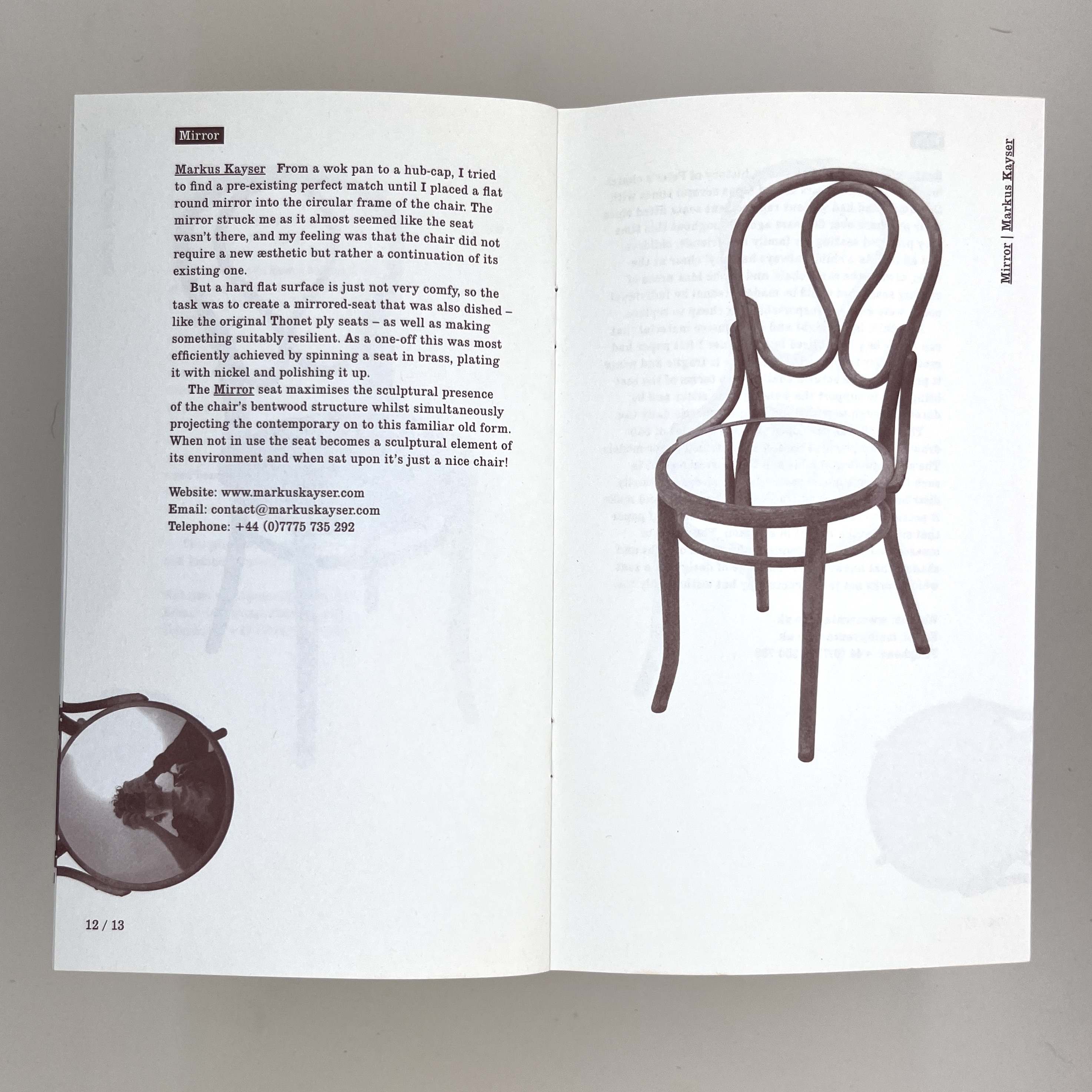 Inside pages of the pamphlet showing details and a photo of the chair