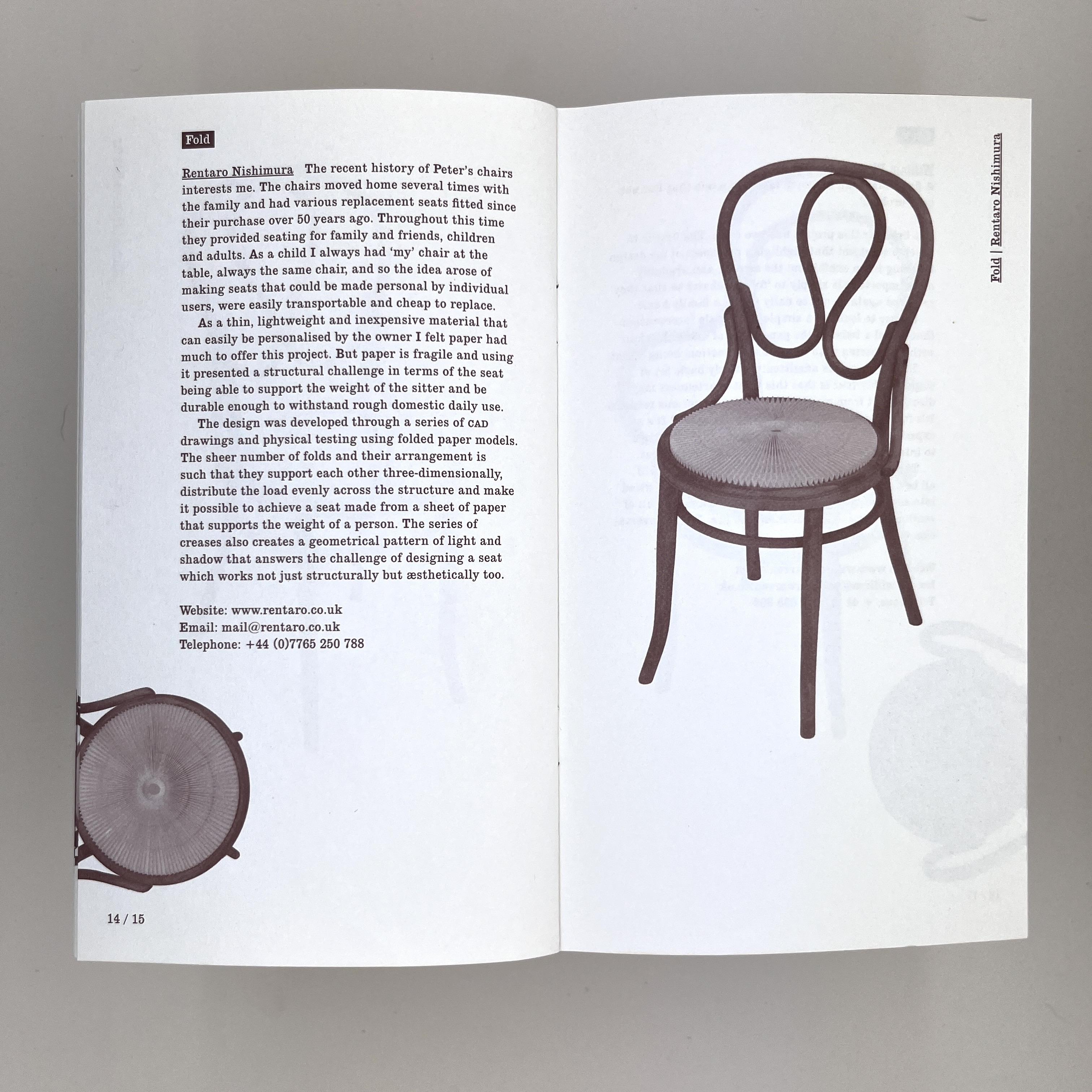 Inside pages of the pamphlet showing details and a photo of the chair