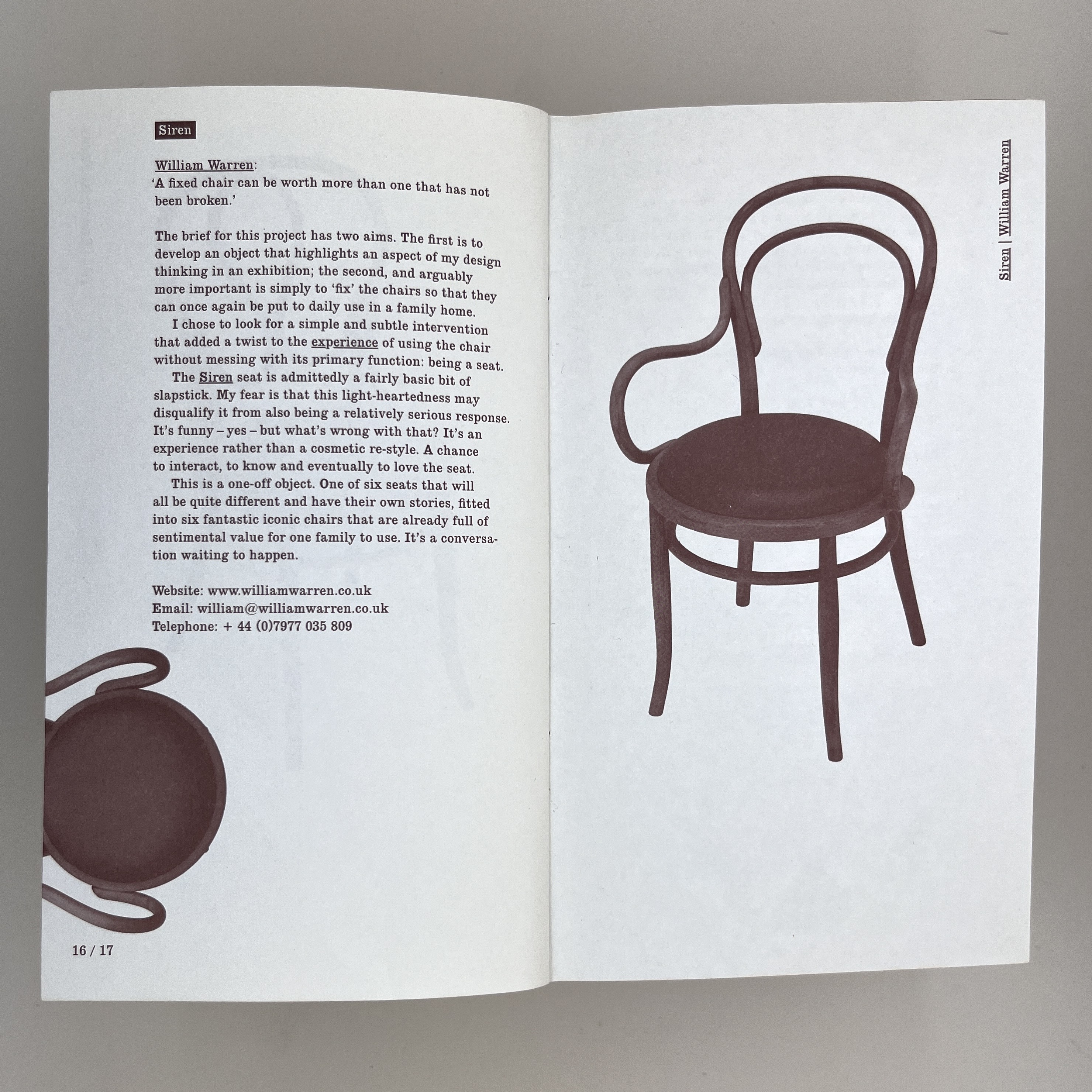 Inside pages of the pamphlet showing details and a photo of the chair