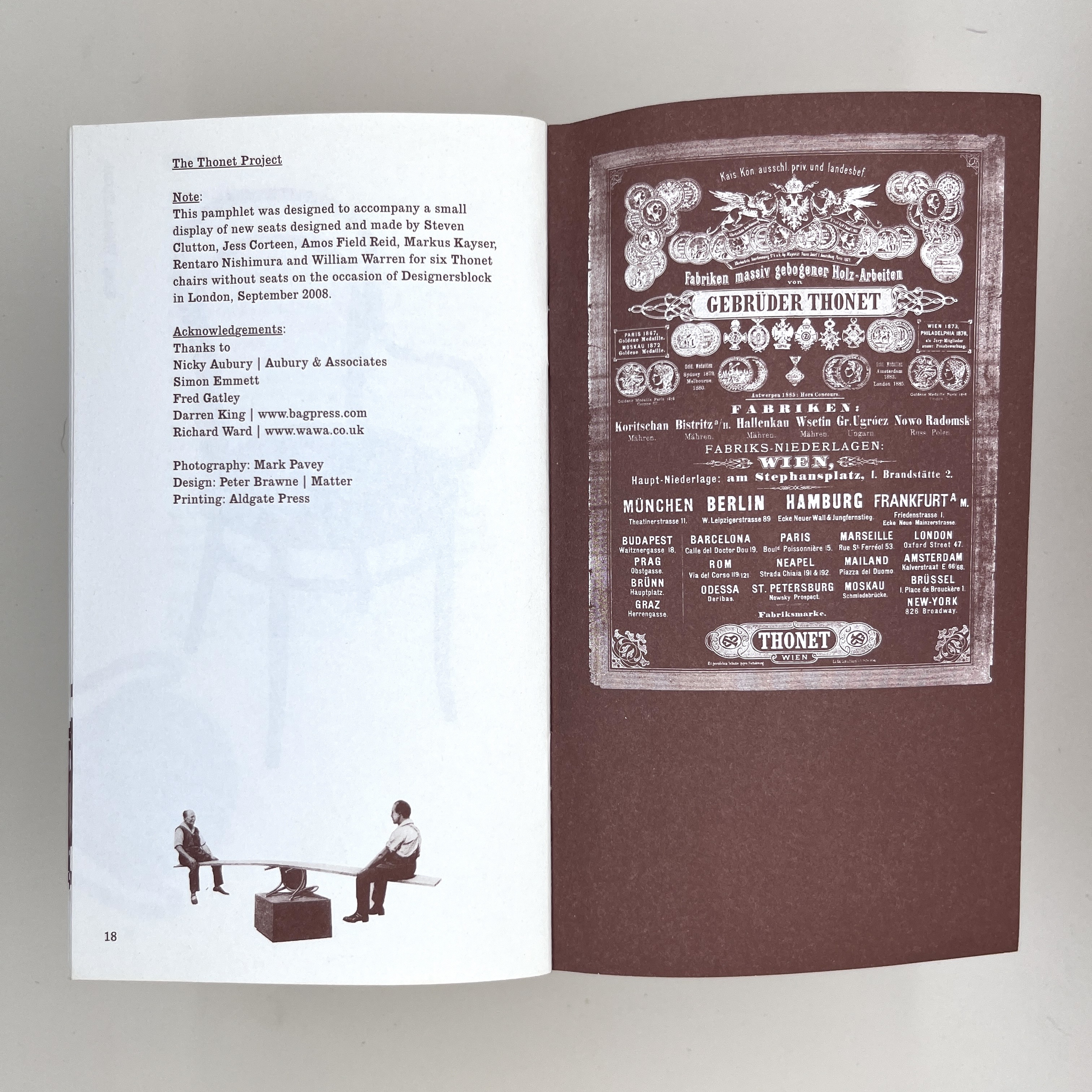 Inside pages of the pamphlet showing details and a photo of two people on a seesaw 