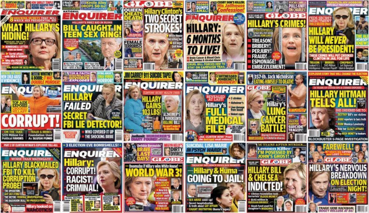 18 covers of AMI tabloids National Enquirer and Globe from 2016, all attacking Hillary Clinton