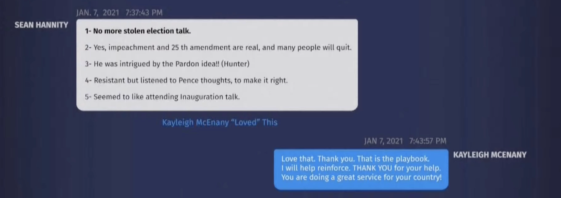 Visual shows Sean Hannity texting Kayleigh McEnany on Jan 7, 2021, including the words: "Impeachment and 25th Amendment are real"
