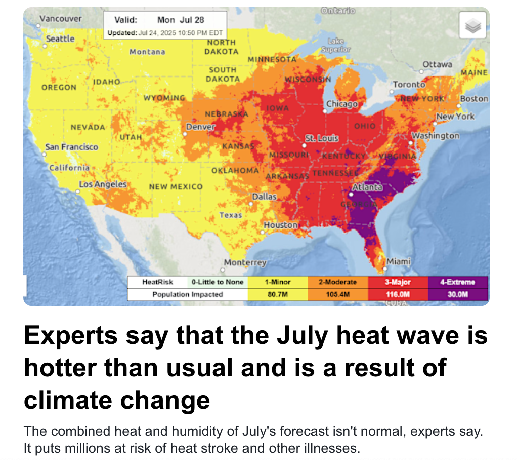 July 2025 weather map shows extreme temperatures in Midwest and Northeast