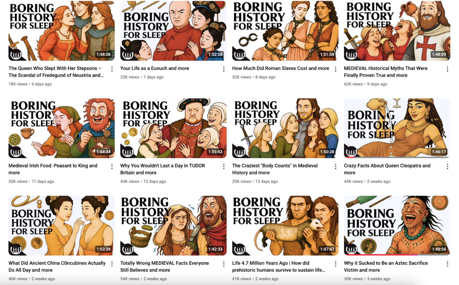 Thumbnails of "Boring History" videos that are drowning out human historians on YouTube
