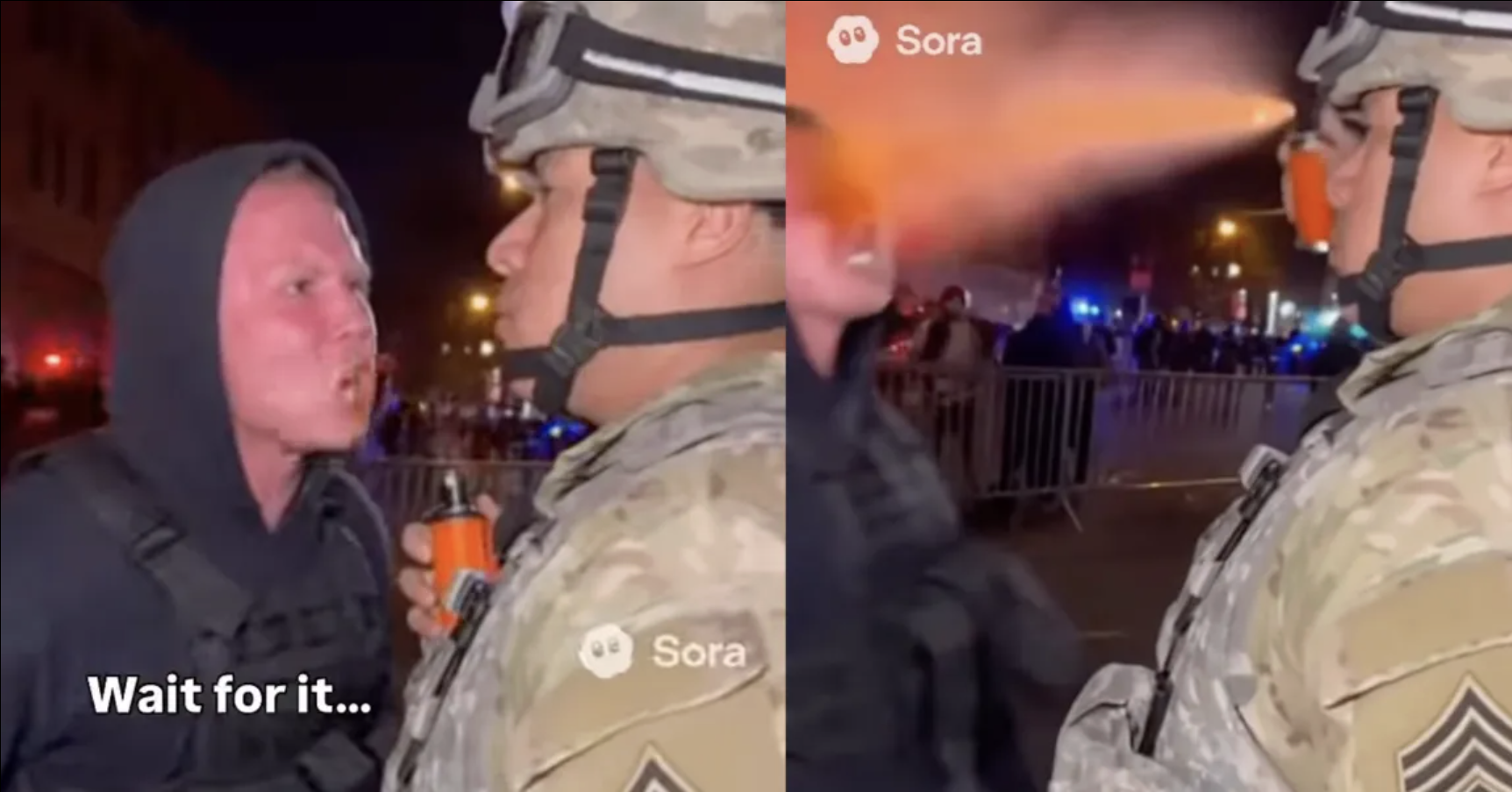 Screenshots of an AI video created with Sora that shows soldiers assaulting protesters and which generated 40M views