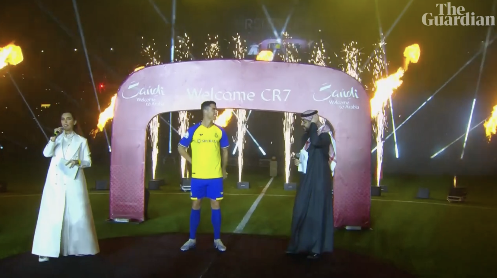 Fireworks explode as Ronaldo (aka CR7) is welcomed to Al Nassr by officials in Jan. 2023