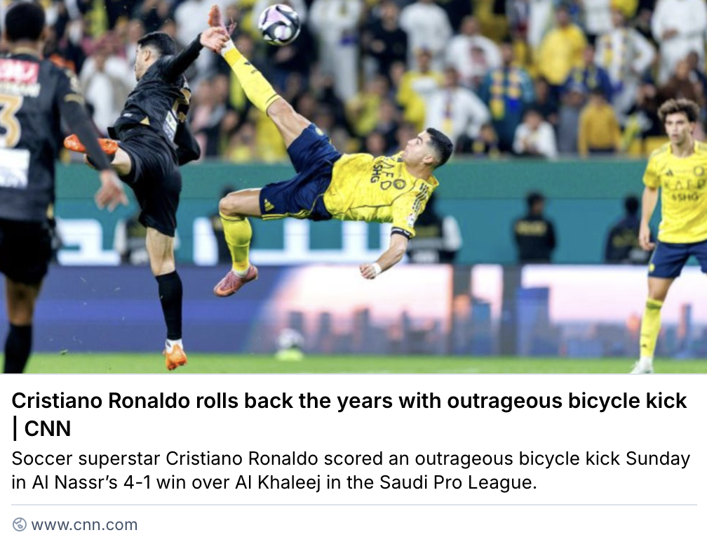 Photo shows Ronaldo scoring with athletic leap above CNN headline reading "Cristiano Ronaldo rolls back the years with outrageous bicycle kick"