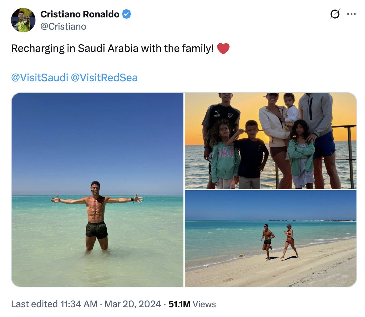 Post from Ronaldo on X showing pics from his Red Sea vacation that generated 51.1M views